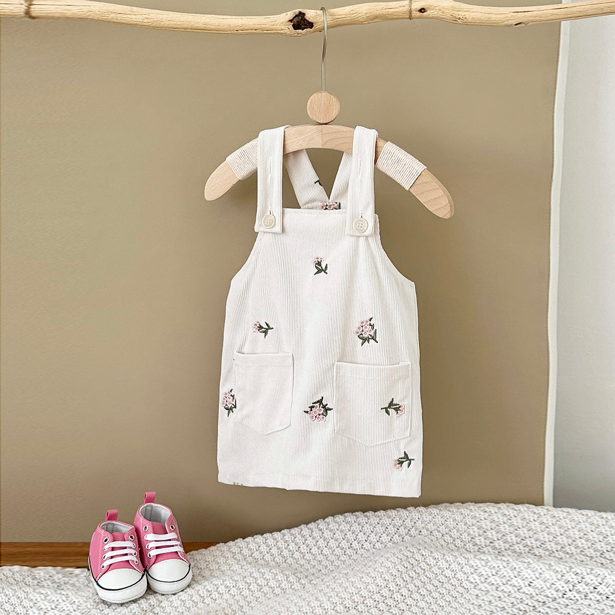 Baby Girls Denim Strap Dress with Flower Embroidery