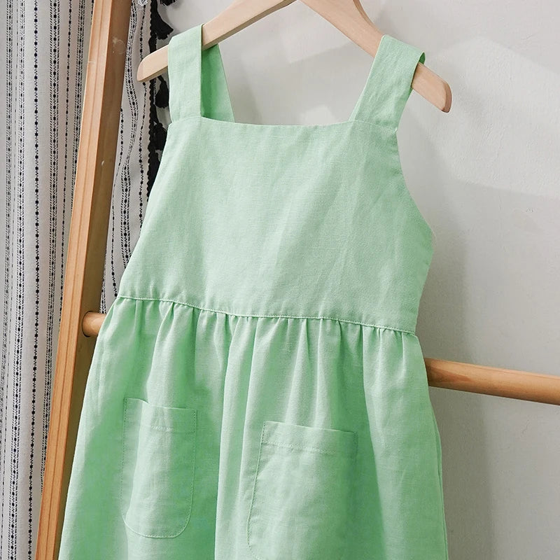 Girls Adjustable Strap Cotton Linen Dress