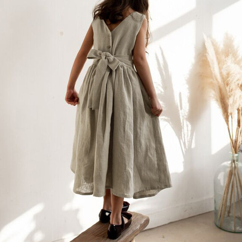 Girls Back Bandage Bow Linen Dress