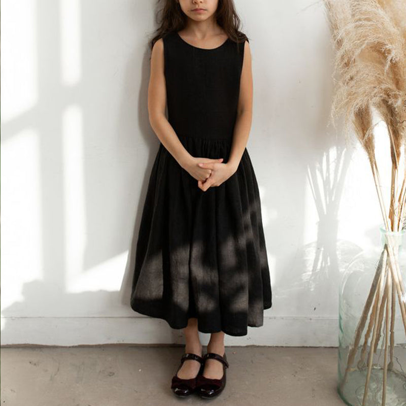 Girls Back Bandage Bow Linen Dress