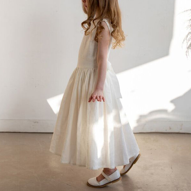 Girls Back Bandage Bow Linen Dress