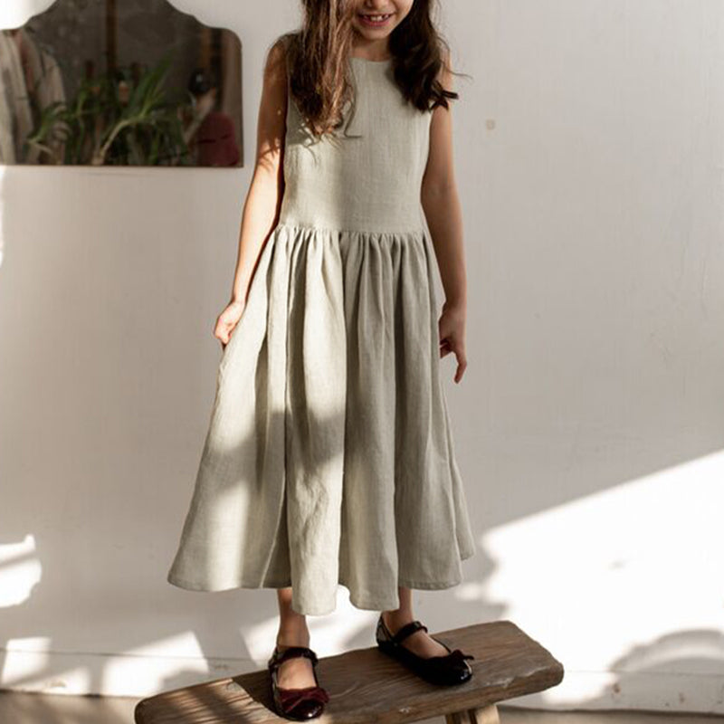 Girls Back Bandage Bow Linen Dress