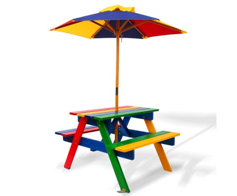 Kids Wooden Picnic Table Set with Umbrella