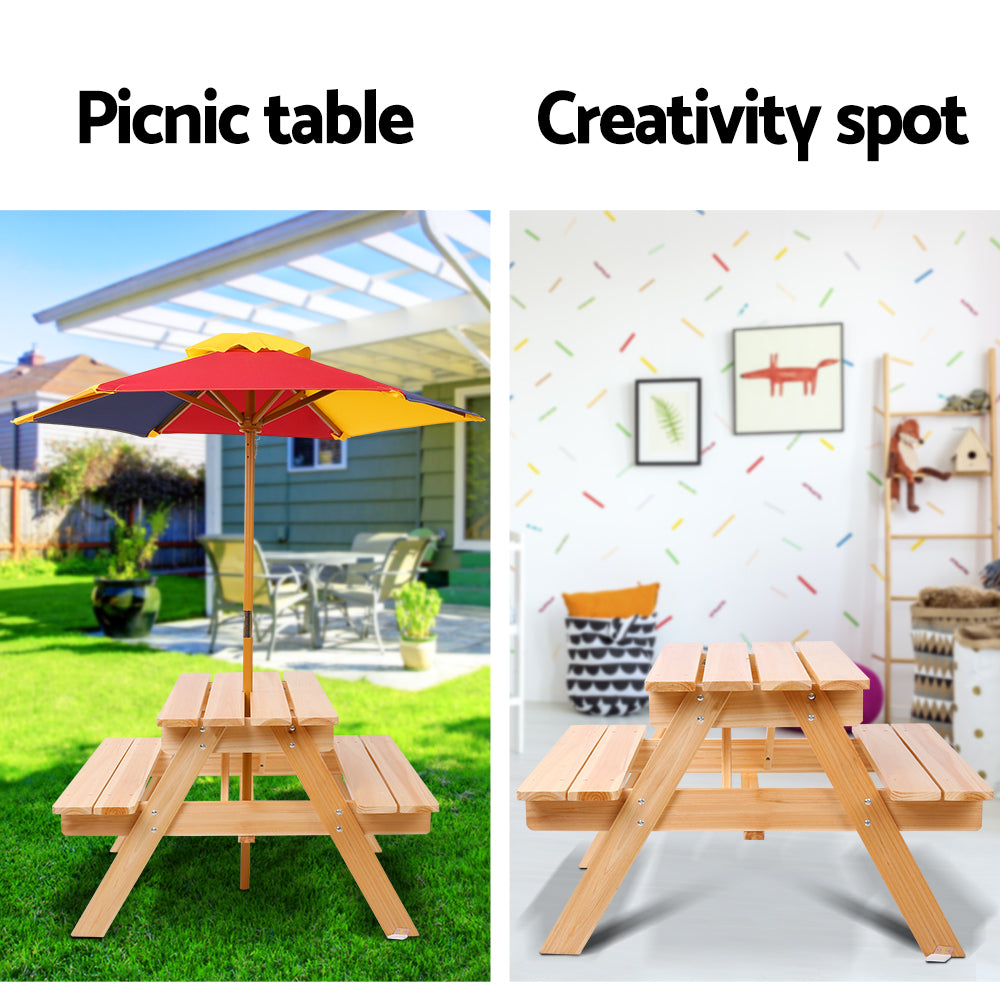 Kids Wooden Picnic Table Set with Umbrella