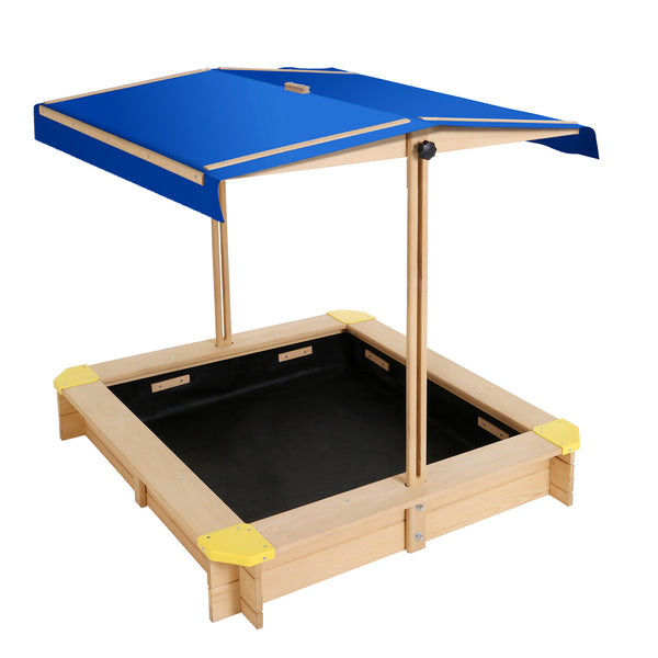 Kids Sandpit Wooden Sandbox Sand Pit with Canopy Bench Seat Toys