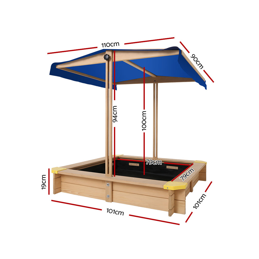 Kids Sandpit Wooden Sandbox Sand Pit with Canopy Bench Seat Toys