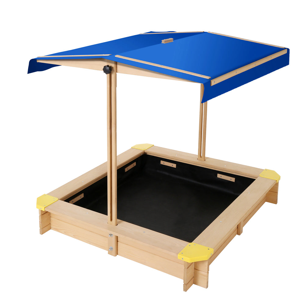 Kids Sandpit Wooden Sandbox Sand Pit with Canopy Bench Seat Toys