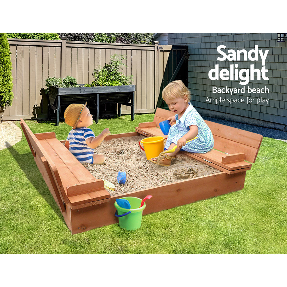 Kids Sandpit Wooden Sandbox Sand Pit Foldable Seat Outdoor Beach