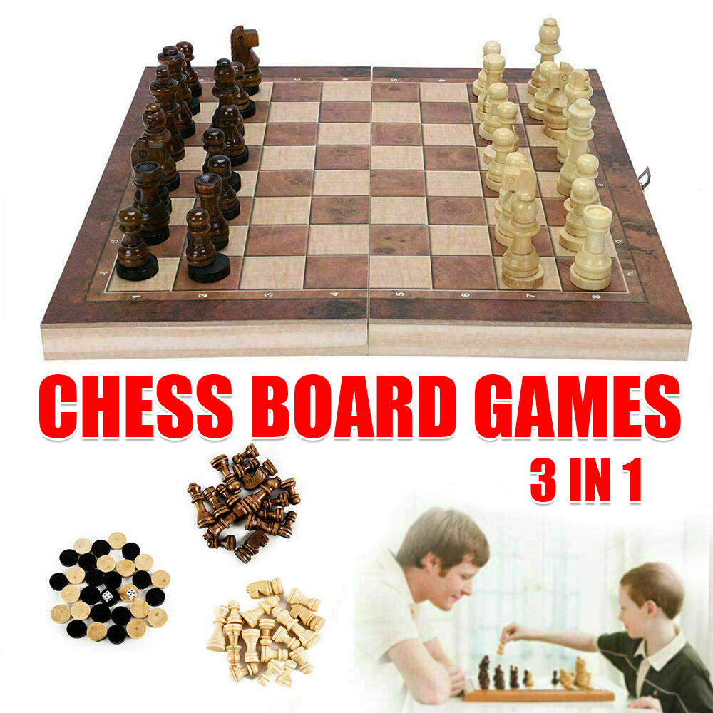 3 IN 1 Wooden Chess Set Folding Chessboard Wood Pieces Draughts Backgammon