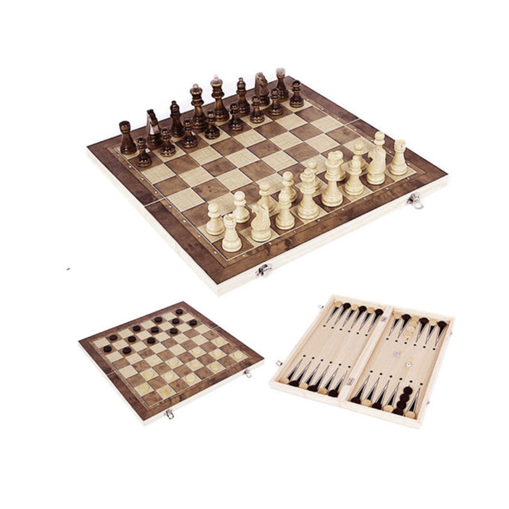 3 IN 1 Wooden Chess Set Folding Chessboard Wood Pieces Draughts Backgammon