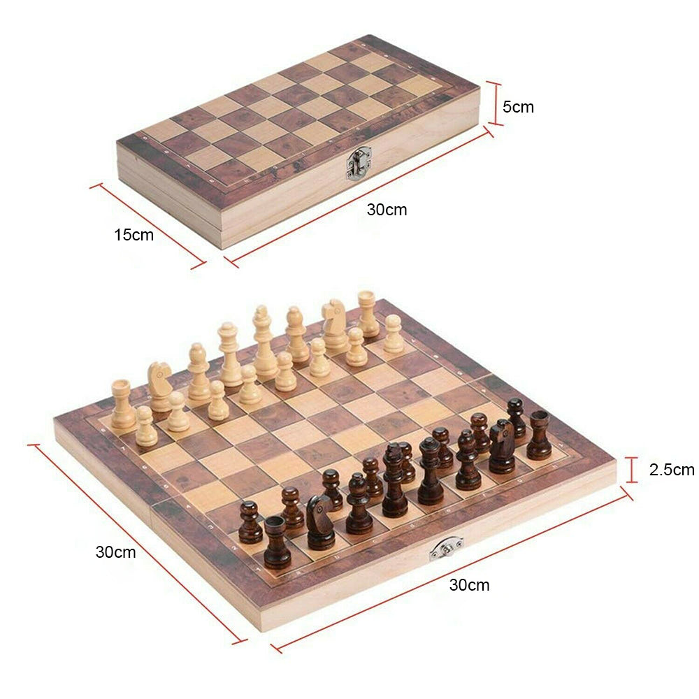 3 IN 1 Wooden Chess Set Folding Chessboard Wood Pieces Draughts Backgammon