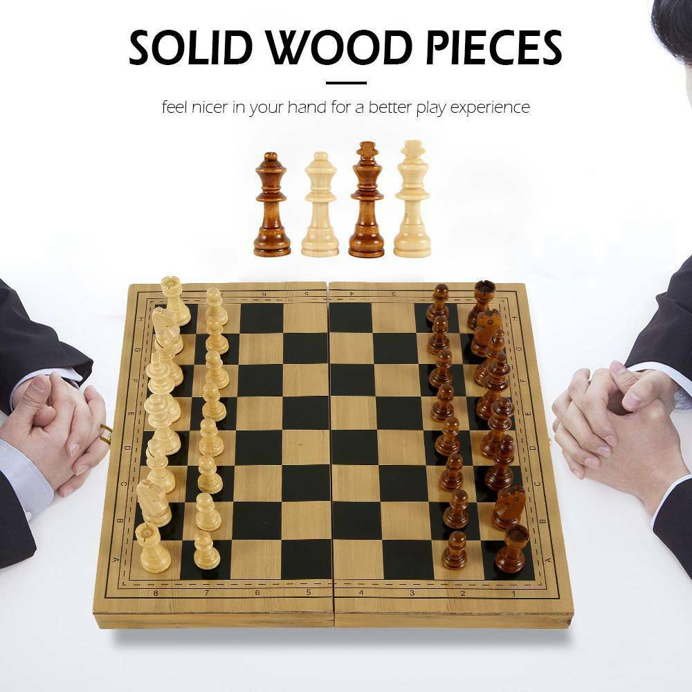 3 IN 1 Wooden Chess Set Folding Chessboard Wood Pieces Draughts Backgammon