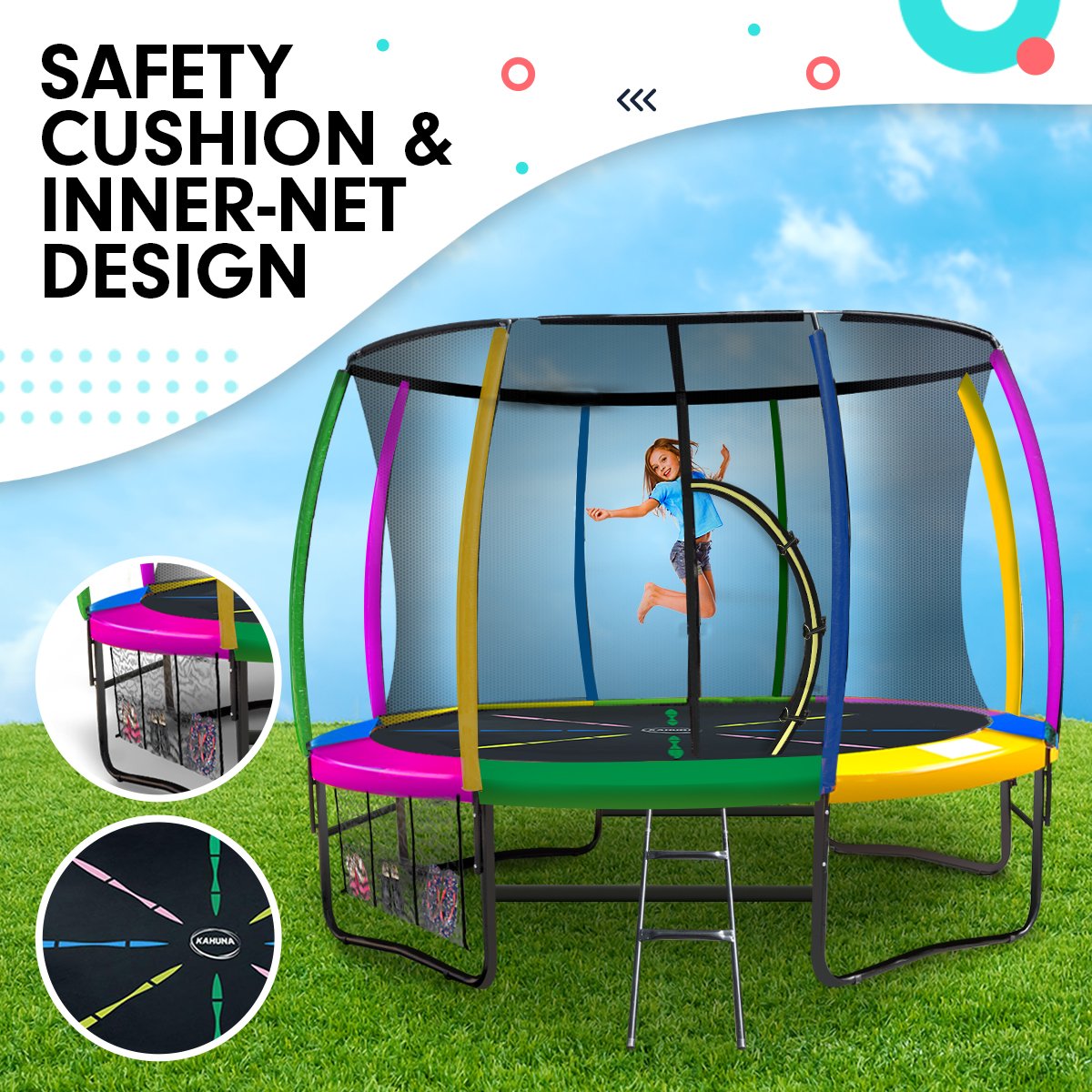 8ft Outdoor Rainbow Trampoline With Safety Enclosure