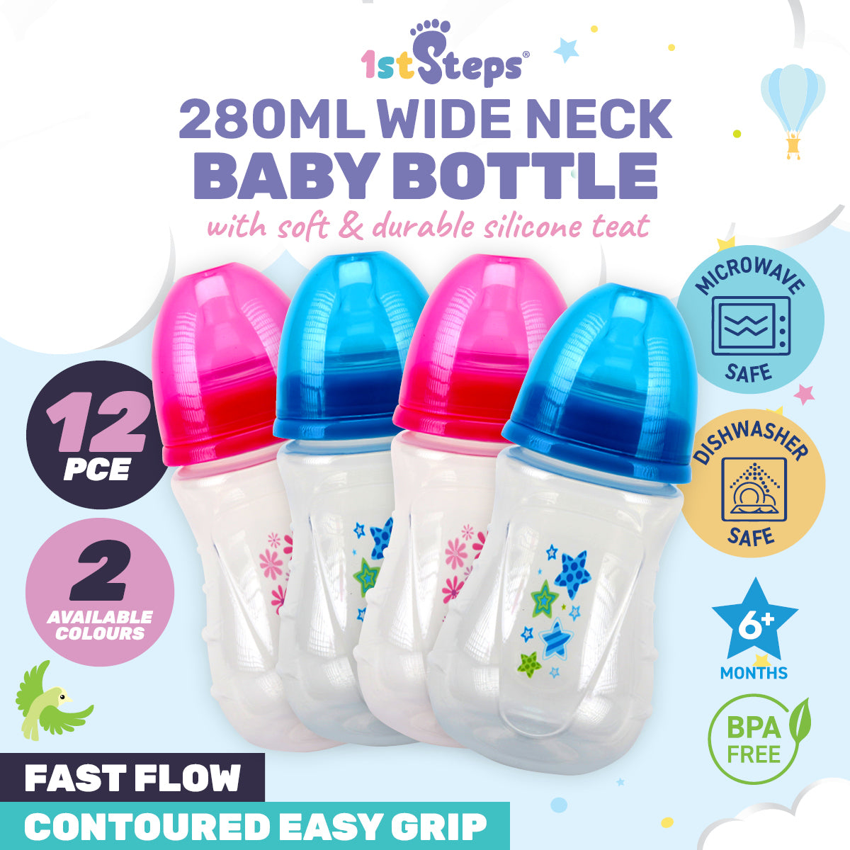 12PCE Baby Bottles Wide Neck Fast Flow Teat BPA Free